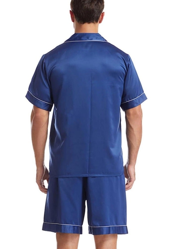 MARGOUN Mens 2pcs Summer Soft Pyjamas Set Short Sleeve Button Down Shirt With Boxer Shorts Blue Medium (Shirt Length 28''/Shirt Chest 22''/Pajama Length 19''/Pajama Waist 28'') - Image 3