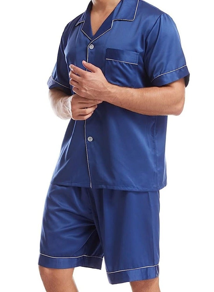 MARGOUN Mens 2pcs Summer Soft Pyjamas Set Short Sleeve Button Down Shirt With Boxer Shorts Blue Medium (Shirt Length 28''/Shirt Chest 22''/Pajama Length 19''/Pajama Waist 28'') - Image 4