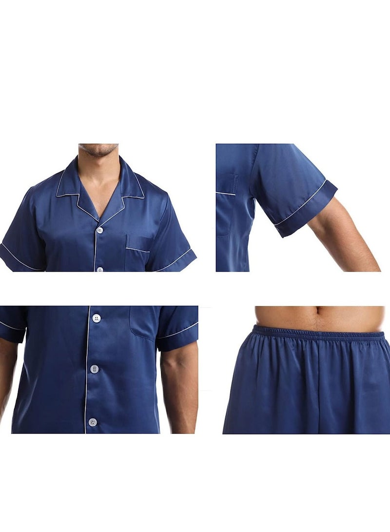 MARGOUN Mens 2pcs Summer Soft Pyjamas Set Short Sleeve Button Down Shirt With Boxer Shorts Blue Medium (Shirt Length 28''/Shirt Chest 22''/Pajama Length 19''/Pajama Waist 28'') - Image 5