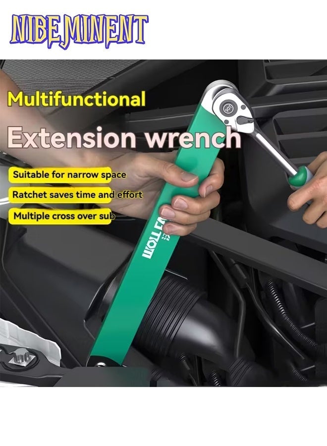 NIBEMINENT Multifunctional Extension Wrench with Ratchet Mechanism, Dual-Use Quick Socket Set, 2-in-1, with 1/2", 1/4" and 3/8" Square Drive Adapters, Automotive Tool, Car Repair, Mechanic Tools, Heavy-Duty（Green） - Image 2