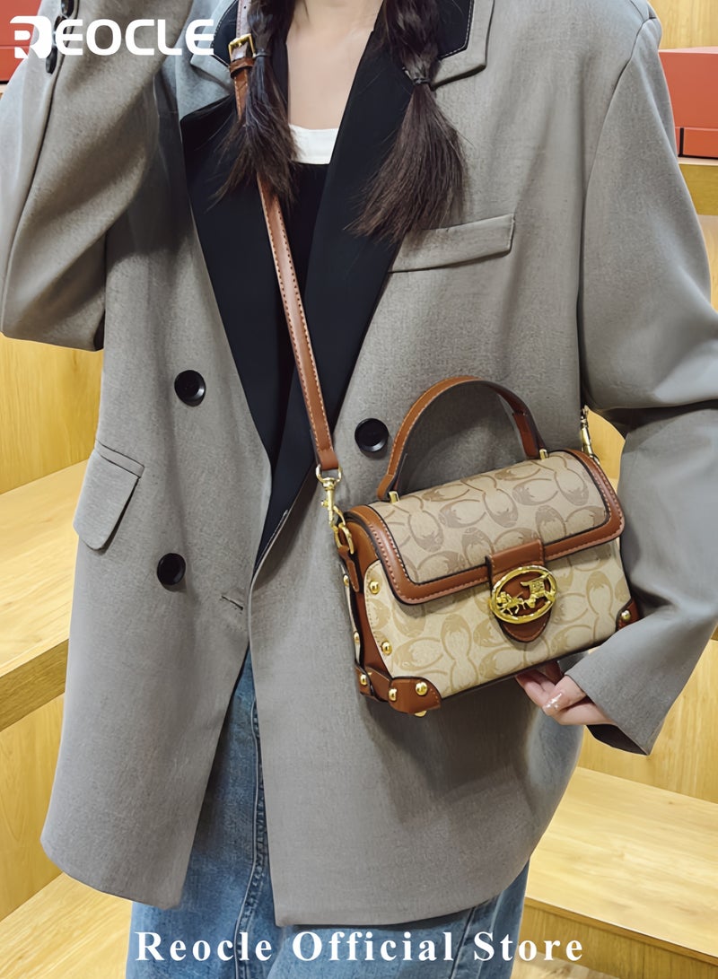 ريوكل حقيبة كروس بودي عصرية حقيبة يد بأسلوب رجعي حقيبة يد جلدية مربعة حقيبة كروس بودي ذات كتف واحد متعددة الاستخدامات مع طباعة - Image 2