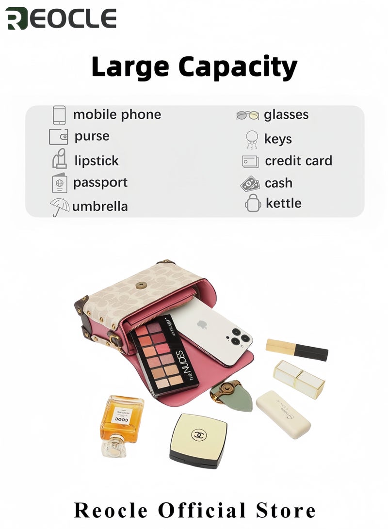 ريوكل حقيبة كروس بودي عصرية حقيبة يد بأسلوب رجعي حقيبة يد جلدية مربعة حقيبة كروس بودي ذات كتف واحد متعددة الاستخدامات مع طباعة - Image 3