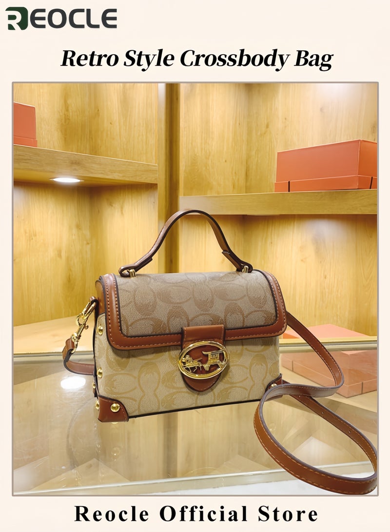 ريوكل حقيبة كروس بودي عصرية حقيبة يد بأسلوب رجعي حقيبة يد جلدية مربعة حقيبة كروس بودي ذات كتف واحد متعددة الاستخدامات مع طباعة - Image 4