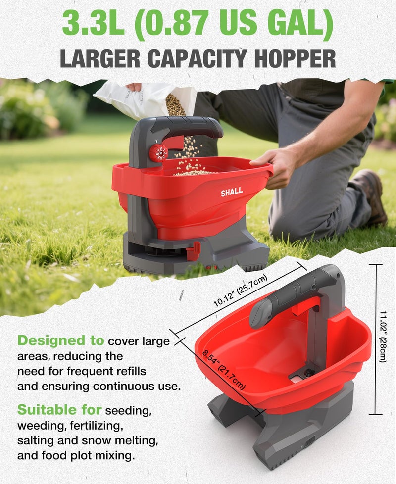 SHALL Battery Powered Fertilizer Spreader, 7.2V Rechargeable Seed Spreader for Salt, De-Icer, Earth Food, Grass Seed, 8-Level Settings and 3.3L Large Capacity Spreading up to 6458 sq.ft - Image 4