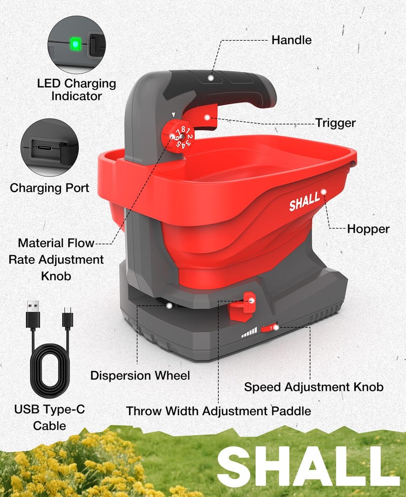 SHALL Battery Powered Fertilizer Spreader, 7.2V Rechargeable Seed Spreader for Salt, De-Icer, Earth Food, Grass Seed, 8-Level Settings and 3.3L Large Capacity Spreading up to 6458 sq.ft - Image 2