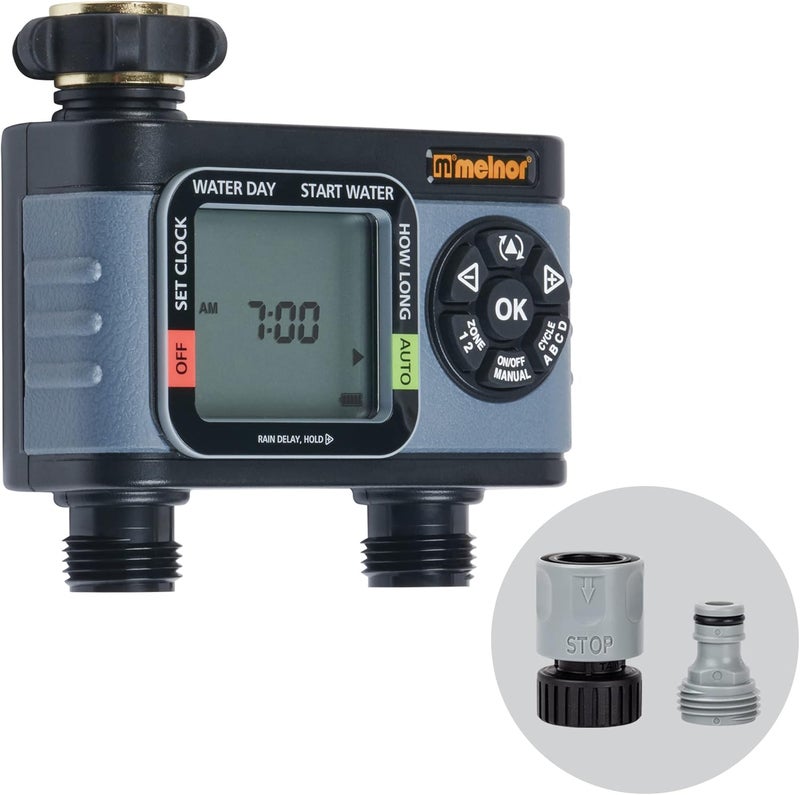Melnor 65166AMZ HydroLogic Digital Hose Timer, 2-Zone Programmable Watering Timer, Quick Connect Bundle, Black, Grey - Image 1