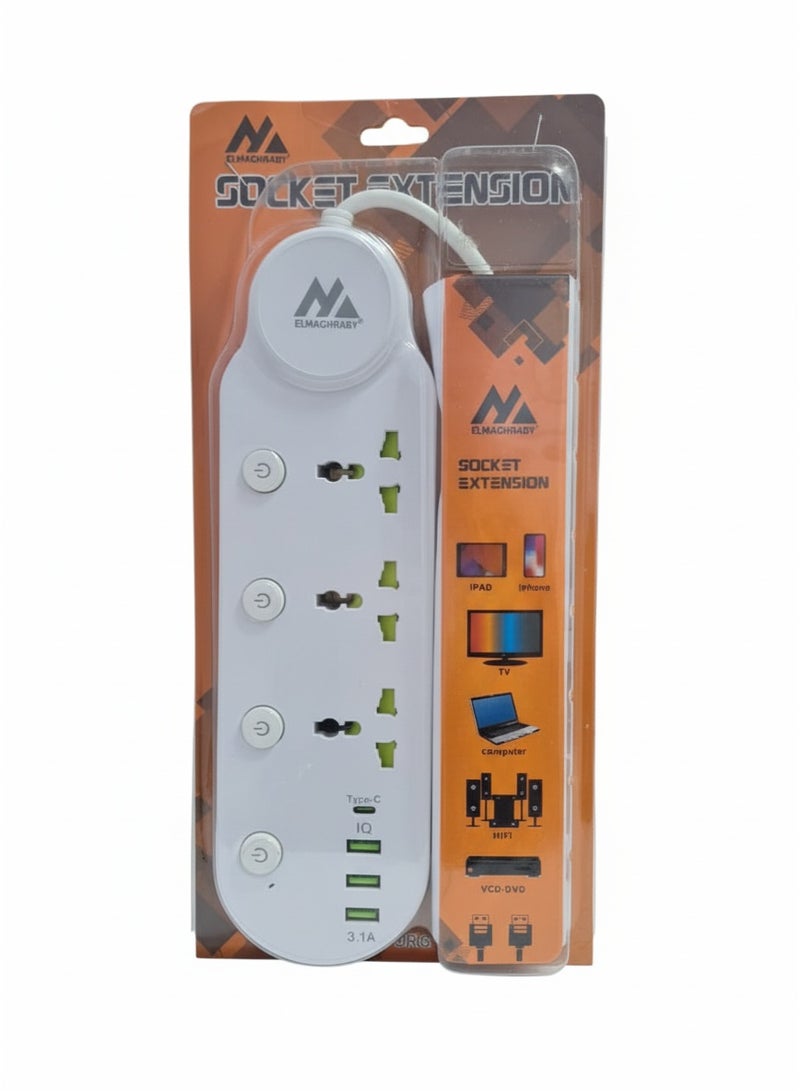 ELMAGHRABY Multi Socket Power Strip , with 3 Universal Outlets, 3 USB Ports & Type-C Port , Fast & Safe Charging Extension with Overload Protection, Fire-Resistant Design, Independent Switches and Smart Chip for Home & Office Use - Image 3