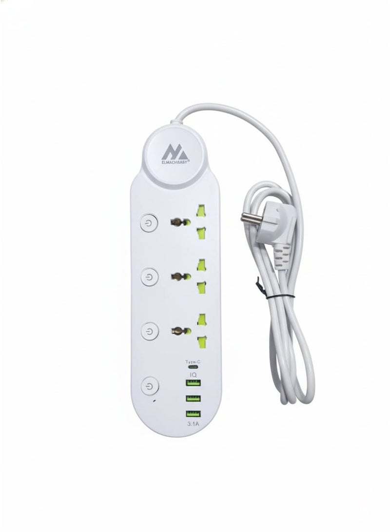ELMAGHRABY Multi Socket Power Strip , with 3 Universal Outlets, 3 USB Ports & Type-C Port , Fast & Safe Charging Extension with Overload Protection, Fire-Resistant Design, Independent Switches and Smart Chip for Home & Office Use - Image 1