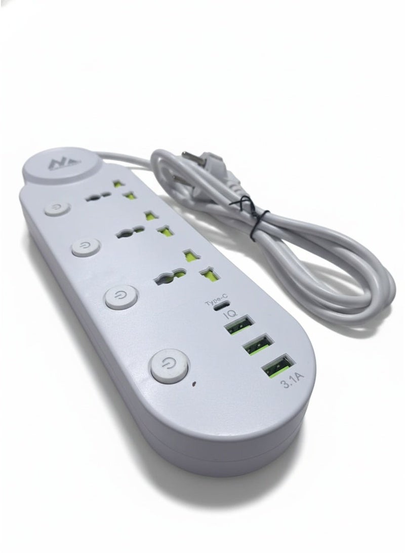 ELMAGHRABY Multi Socket Power Strip , with 3 Universal Outlets, 3 USB Ports & Type-C Port , Fast & Safe Charging Extension with Overload Protection, Fire-Resistant Design, Independent Switches and Smart Chip for Home & Office Use - Image 2