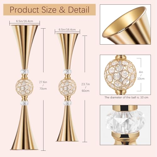 VIJIV Gold Tall Crystal Flower Vases for Centerpiece - 28'' Large Trumpet Vase for Bouquet Skinny Decorative, Table/Floor Vase Flower Stand for Party Event, Dining Table Décor, Bridal Shower, Wedding - Image 3