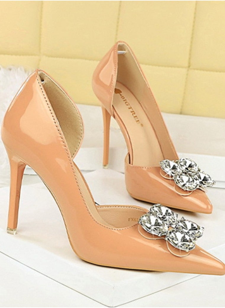 BIGTREE Women's Closed Pointed Toe Stiletto Pump Rhinestone Decoration High Heels Beige 10.5 CM  - Image 2