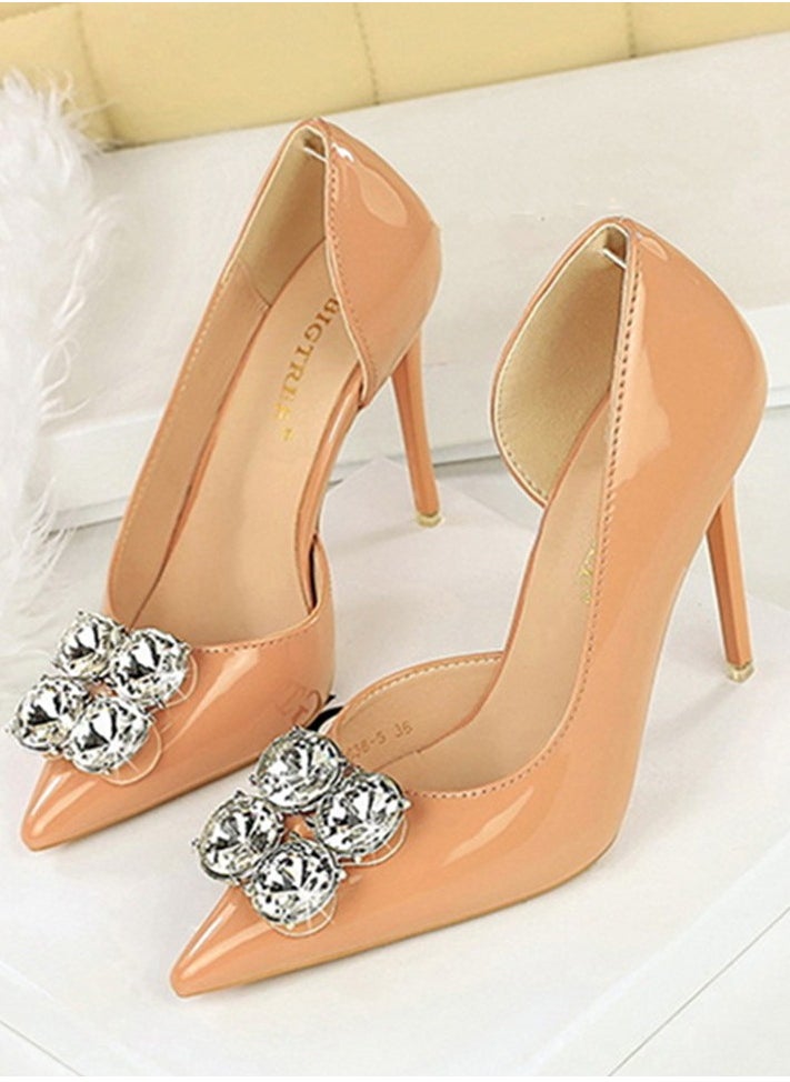 BIGTREE Women's Closed Pointed Toe Stiletto Pump Rhinestone Decoration High Heels Beige 10.5 CM  - Image 1