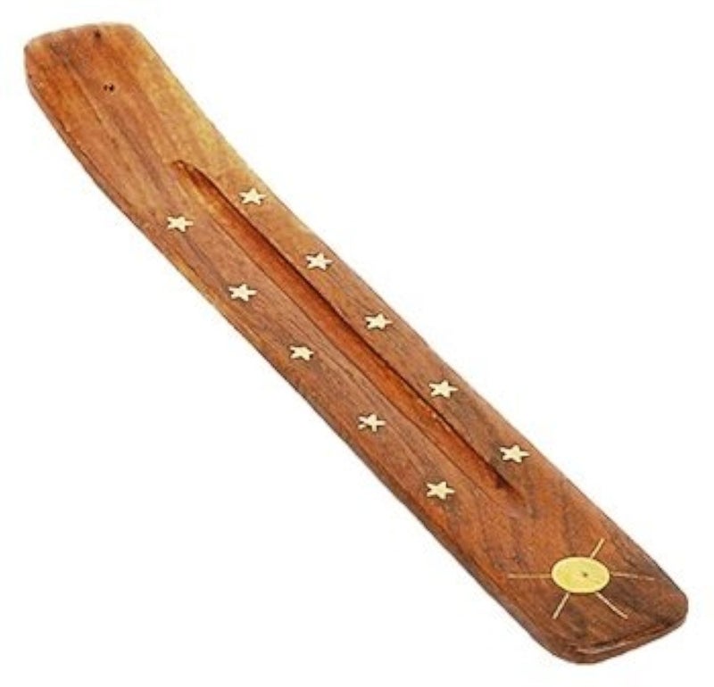 Pure Source India Wooden Incense Stick Holder with Brass Sun & Star Inlay – Handmade Sheesham Wood Agarbatti Stand, Ash Catcher for Home, Puja, Meditation & Yoga - Image 1