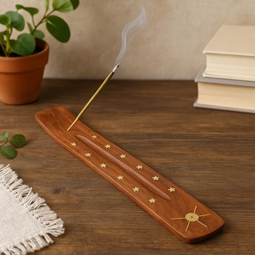 Pure Source India Wooden Incense Stick Holder with Brass Sun & Star Inlay – Handmade Sheesham Wood Agarbatti Stand, Ash Catcher for Home, Puja, Meditation & Yoga - Image 2
