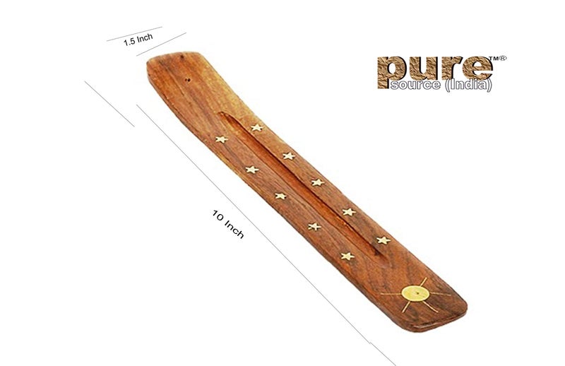 Pure Source India Wooden Incense Stick Holder with Brass Sun & Star Inlay – Handmade Sheesham Wood Agarbatti Stand, Ash Catcher for Home, Puja, Meditation & Yoga - Image 4