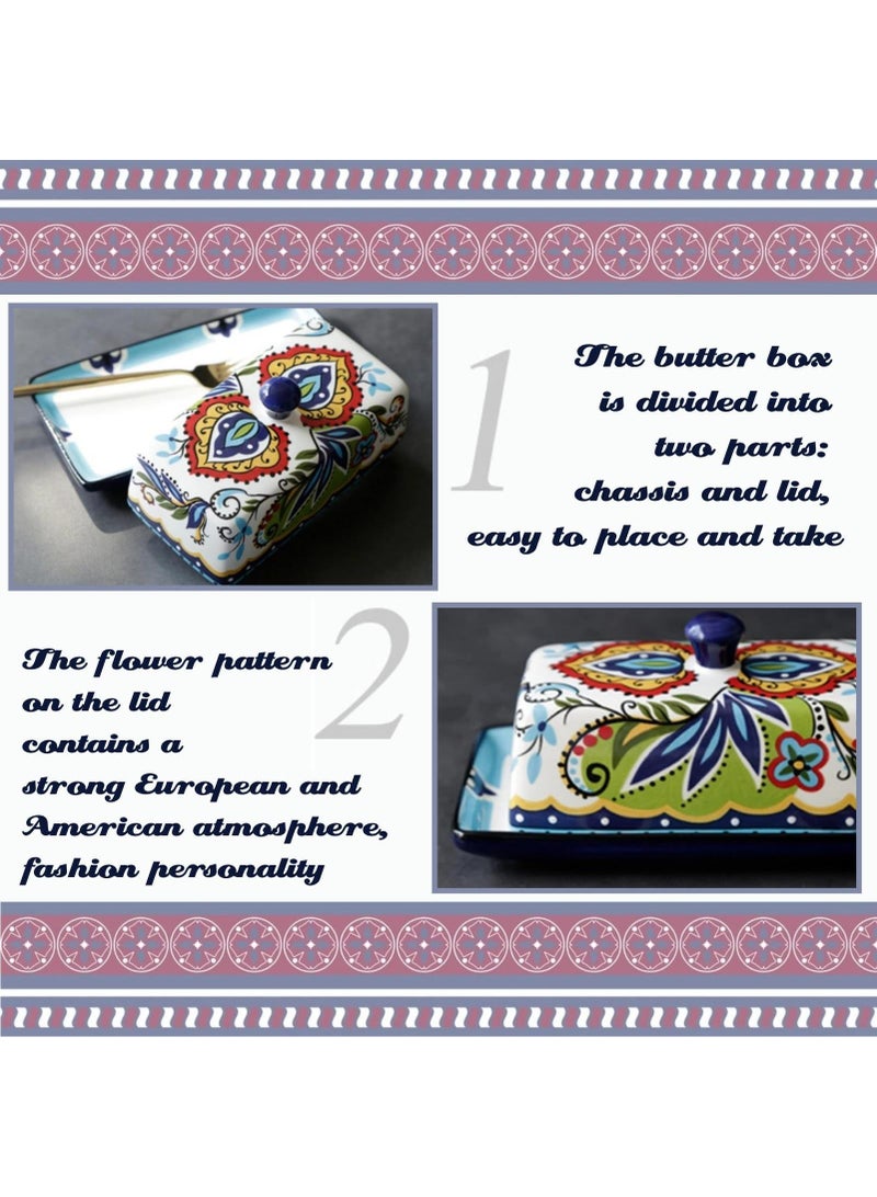 الأزرق جي دبليو البوهيمي نمط خمر الجبن حاوية زبدة صينية مرسومة باليد السيراميك مع غطاء زبدة صينية صينية زبدة صينية النمط الأوروبي يستخدم رف زبدة صينية لتخزين الزبدة البيضاء , مناسبة لأنّ مطبخ , جدّا مناسبة لأنّ أسرة مطبخ - Image 2