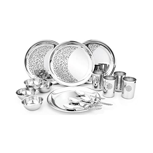 Shri & Sam Designer Stainless Steel Leaves Delight Laser Bloom Dinner Set, 16 Pieces - Image 1