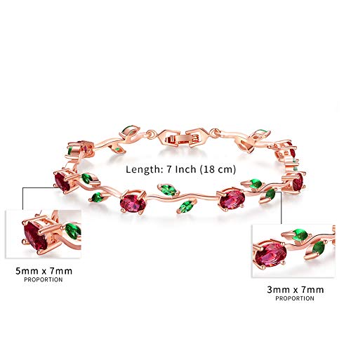 BISAER Mothers Day Gift/Lovely Rose Gold Plated Bracelets with AAA Cubic Zirconia Ruby Flower Emerald Leaf Beautiful Vine Bracelet for Women 7 Inch-Ideal Tennis Bracelets Valentine’s Day Gift - Image 3