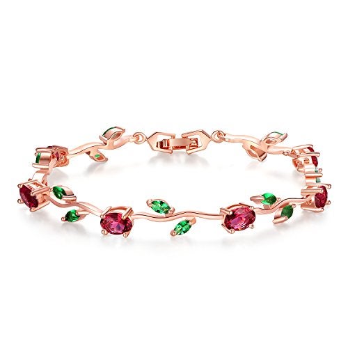 BISAER Mothers Day Gift/Lovely Rose Gold Plated Bracelets with AAA Cubic Zirconia Ruby Flower Emerald Leaf Beautiful Vine Bracelet for Women 7 Inch-Ideal Tennis Bracelets Valentine’s Day Gift - Image 1