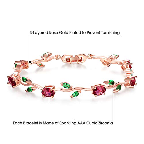 BISAER Mothers Day Gift/Lovely Rose Gold Plated Bracelets with AAA Cubic Zirconia Ruby Flower Emerald Leaf Beautiful Vine Bracelet for Women 7 Inch-Ideal Tennis Bracelets Valentine’s Day Gift - Image 2