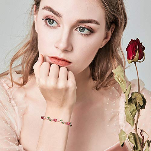 BISAER Mothers Day Gift/Lovely Rose Gold Plated Bracelets with AAA Cubic Zirconia Ruby Flower Emerald Leaf Beautiful Vine Bracelet for Women 7 Inch-Ideal Tennis Bracelets Valentine’s Day Gift - Image 4