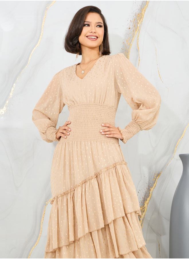 Styli - Foil Print Smocked Waist Ruffle Detail Midi Dress - Image 1