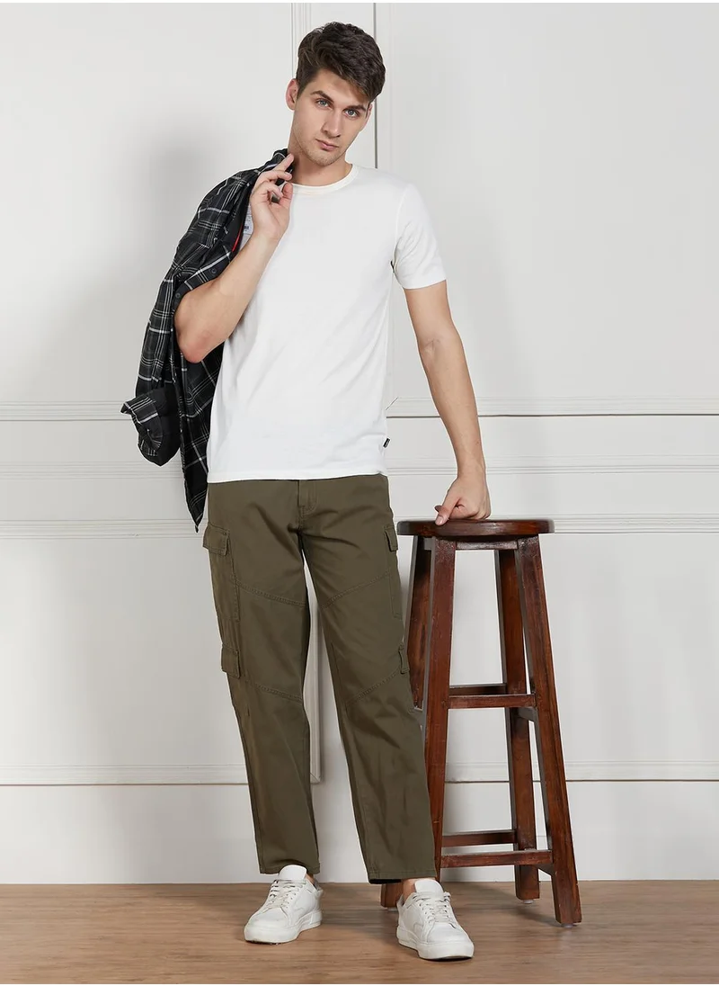 دينيس لينغو Men's Olive Cotton Blend Solid Full Length Cargo Trouser