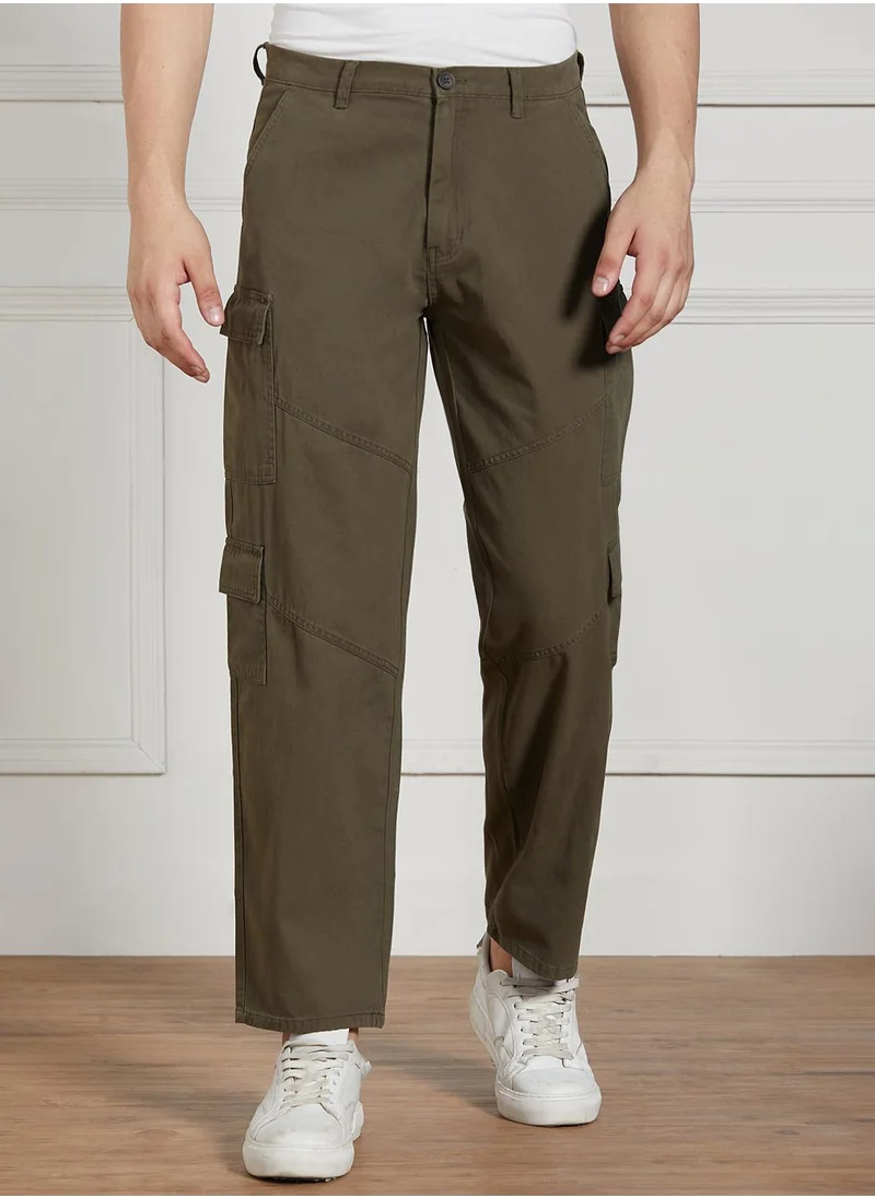 دينيس لينغو Men's Olive Cotton Blend Solid Full Length Cargo Trouser
