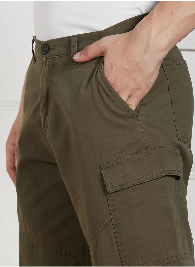 دينيس لينغو Men's Olive Cotton Blend Solid Full Length Cargo Trouser