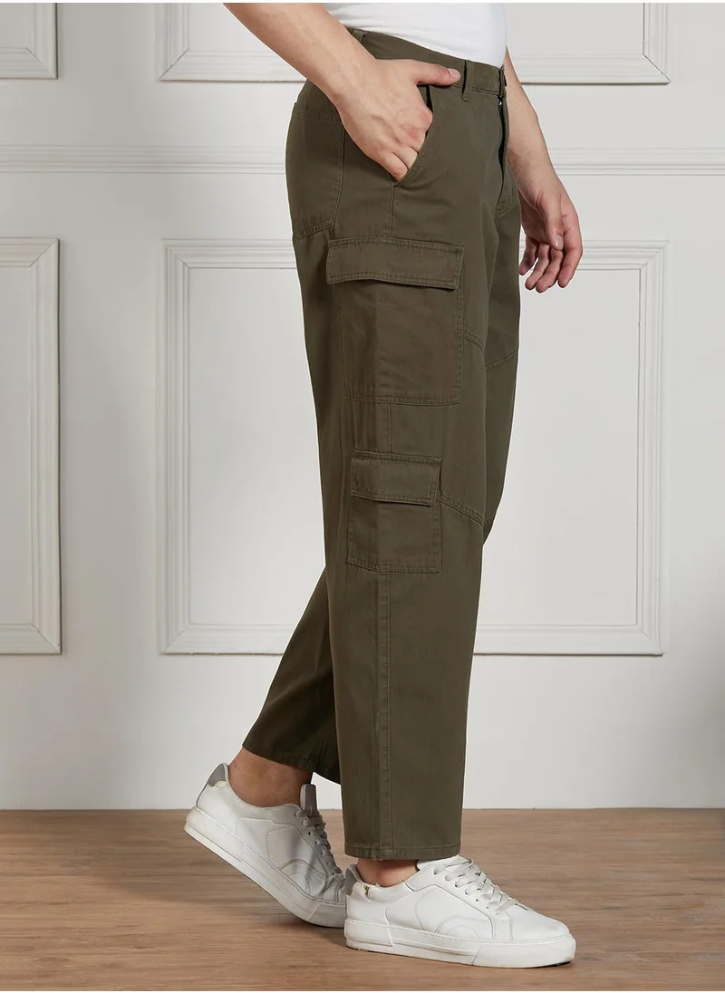دينيس لينغو Men's Olive Cotton Blend Solid Full Length Cargo Trouser