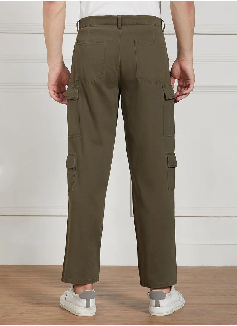 دينيس لينغو Men's Olive Cotton Blend Solid Full Length Cargo Trouser