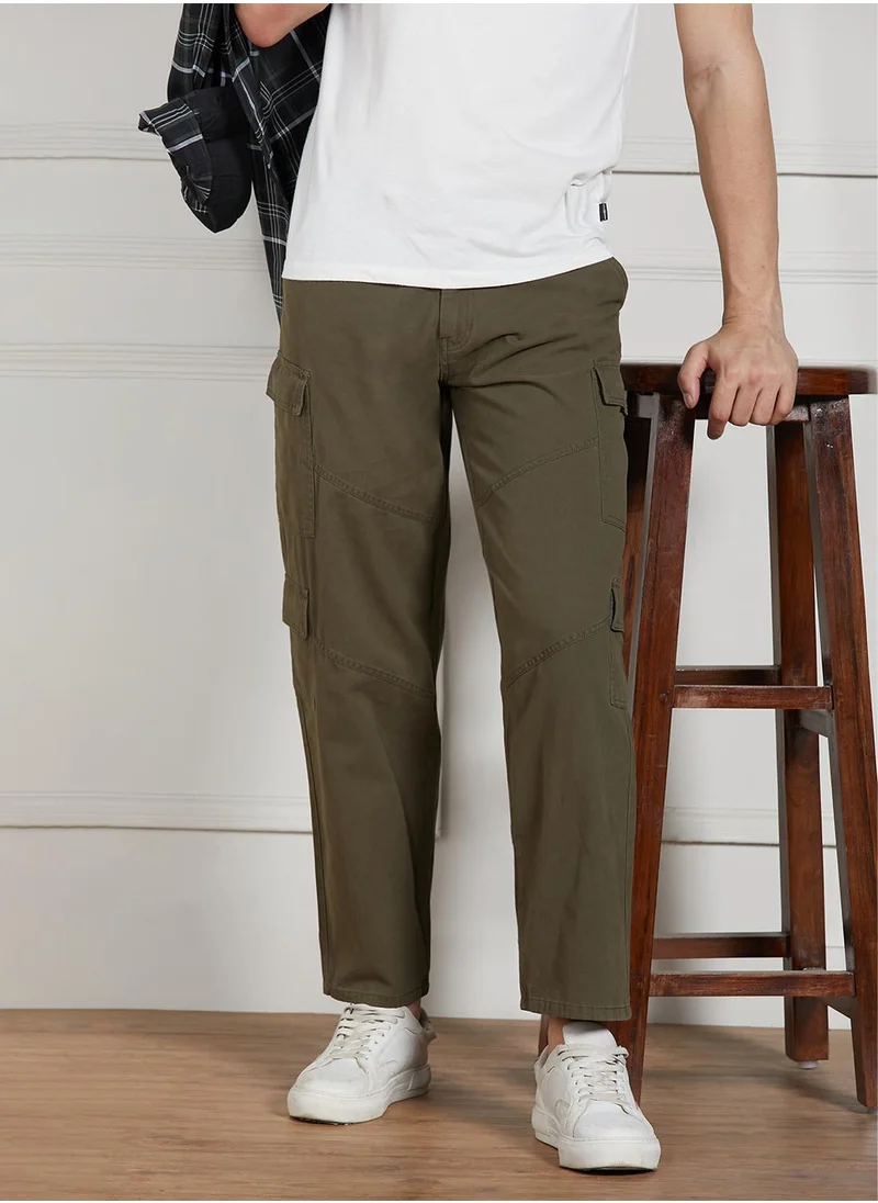 دينيس لينغو Men's Olive Cotton Blend Solid Full Length Cargo Trouser