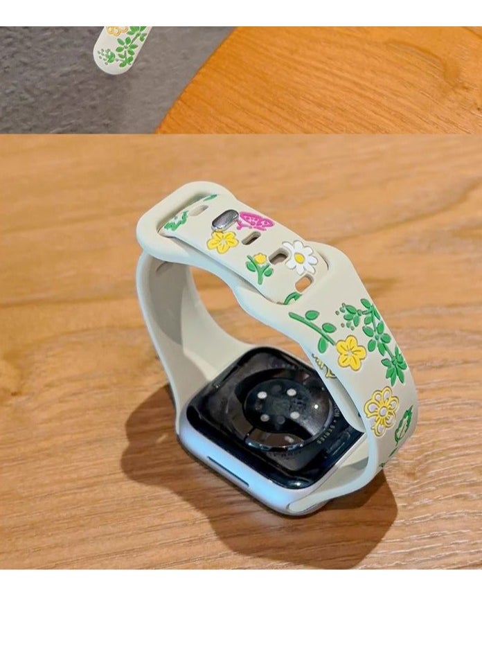 Generic - Engraved Floral silm Silicone Strap for Apple Watch Ultra Band 49mm 46mm 45mm 40mm 41mm Bracelet Fashion IWatch Series 10 9 8 7 - Grey - Image 1