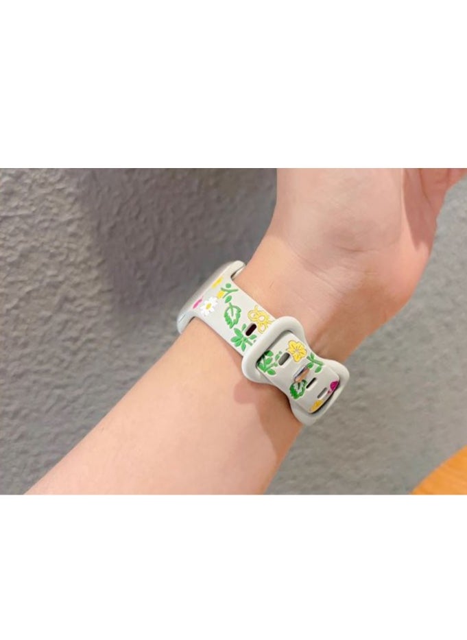 Generic - Engraved Floral silm Silicone Strap for Apple Watch Ultra Band 49mm 46mm 45mm 40mm 41mm Bracelet Fashion IWatch Series 10 9 8 7 - Grey - Image 1