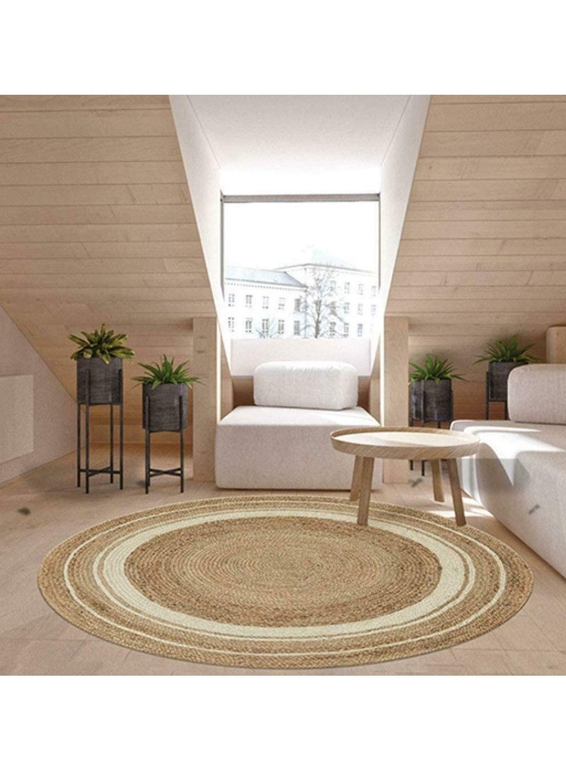 LINGWEI Round Jute Rug Carpet with White Line Area Rug Carpet Floor Mat 120x120cm - Image 1