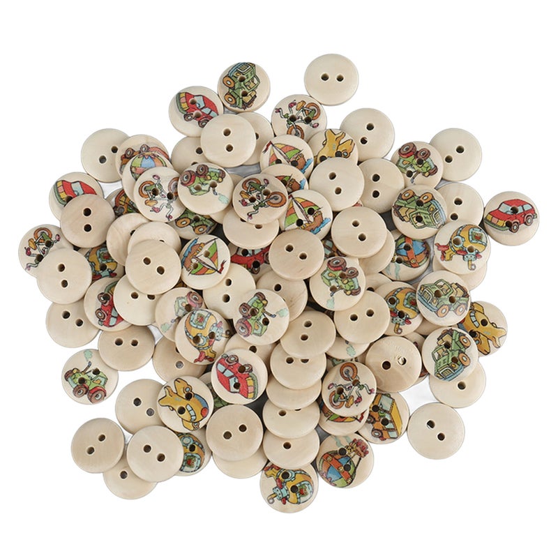 100pcs Mixed Printing Wooden Buttons 2 Holes Round Decorative Wooden Buttons for Sewing Craft Log Color Car - Image 4