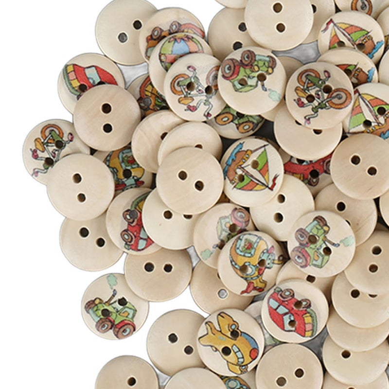 100pcs Mixed Printing Wooden Buttons 2 Holes Round Decorative Wooden Buttons for Sewing Craft Log Color Car - Image 2