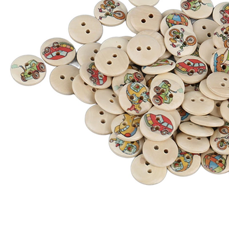 100pcs Mixed Printing Wooden Buttons 2 Holes Round Decorative Wooden Buttons for Sewing Craft Log Color Car - Image 3