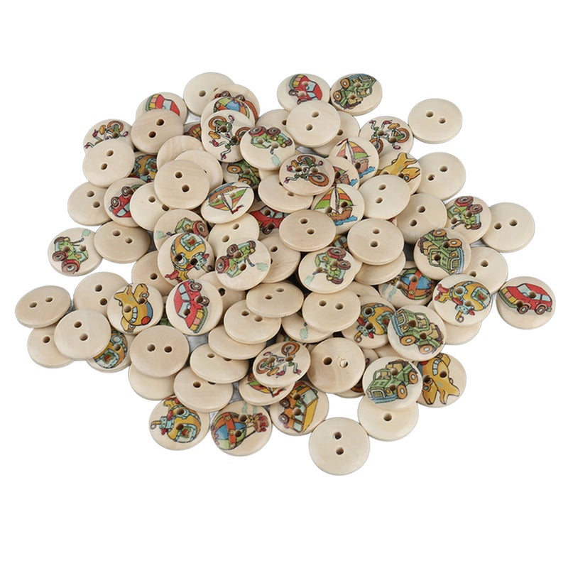 100pcs Mixed Printing Wooden Buttons 2 Holes Round Decorative Wooden Buttons for Sewing Craft Log Color Car - Image 5