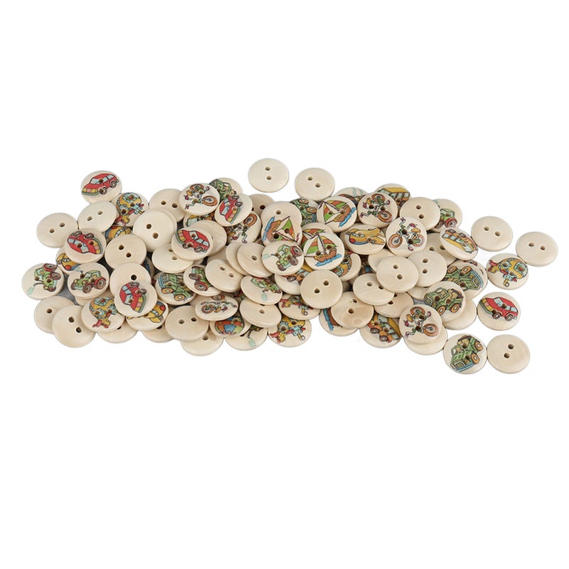 100pcs Mixed Printing Wooden Buttons 2 Holes Round Decorative Wooden Buttons for Sewing Craft Log Color Car - Image 1