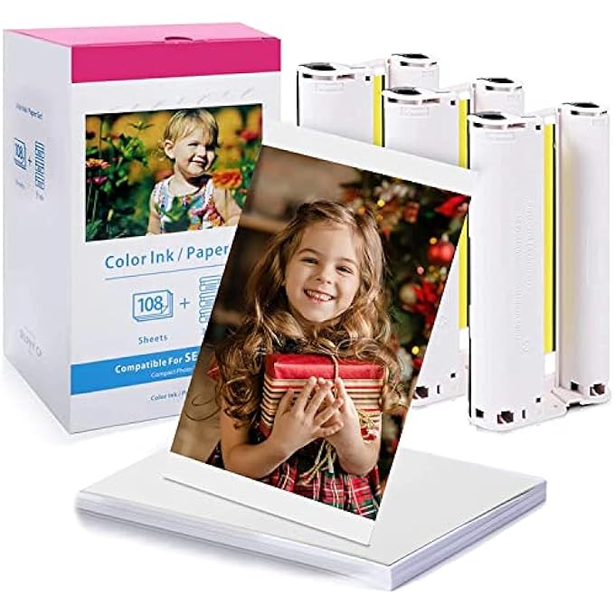 COMPATIBLE CANON SELPHY CP1300 INK AND PAPER, KP-108IN 4X6 INCH PHOTO PAPER GLOSSY FOR SELPHY CP1500 CP1300 CP1200 CP1000 CP910 CP900 PHOTO PRINTERS, 108 SHEETS PHOTO PAPER AND 3 COLOR INK CARTRIDGES - Image 1
