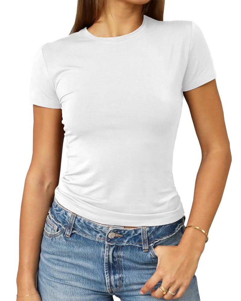 Abardsion Women's Casual Basic Going Out Crop Tops Slim Fit Short Sleeve Crew Neck Tight T Shirts 2026 (White, M) - Image 1