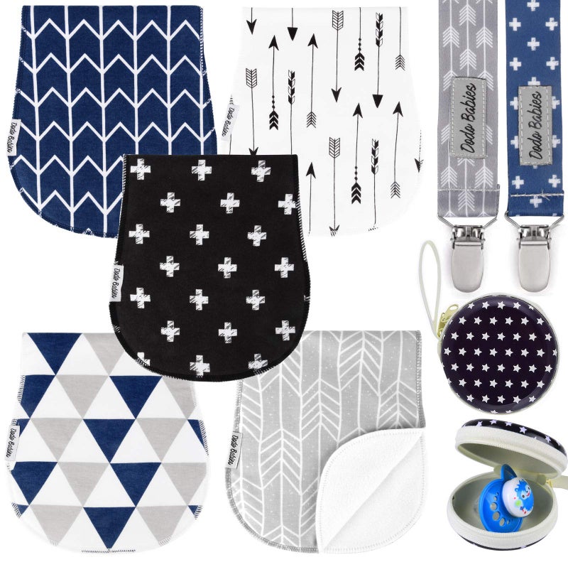 Dodo Babies 5-Pack Baby Burp Cloths - Soft, Absorbent Cotton Burp Cloths - includes Pacifier Case and 2 Pacifier Clips - Colors: Black, Blue and Gray - Image 1