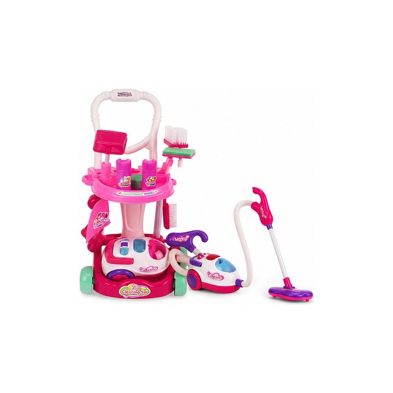 Kids Cleaning Playset Toy with Trolley Cart and Vacuum Cleaner, Pink - Image 2