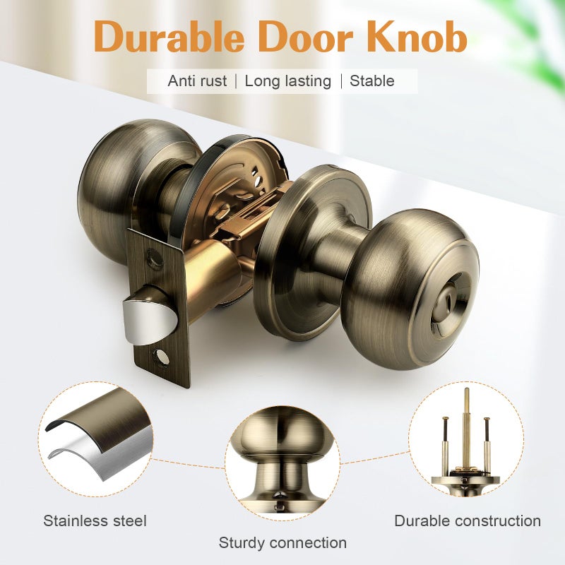 Probrico Bed/Bath Keyless Privacy Interior Door Knobs, Antique Brass Door Knobs 6 Pack - Image 5
