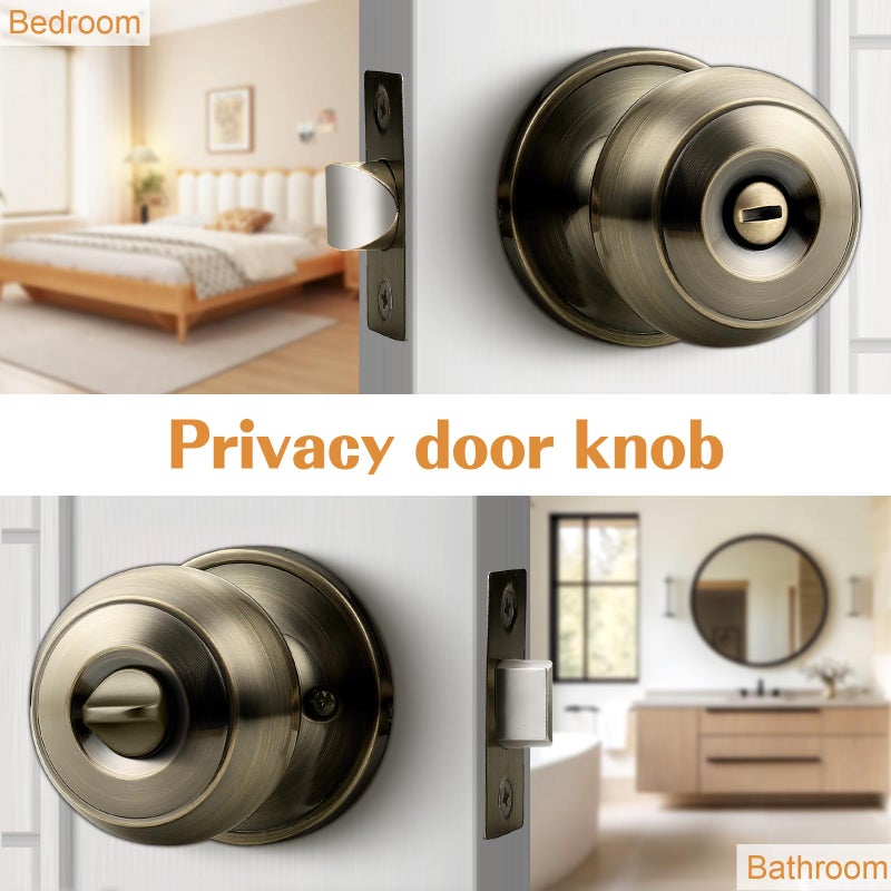 Probrico Bed/Bath Keyless Privacy Interior Door Knobs, Antique Brass Door Knobs 6 Pack - Image 3