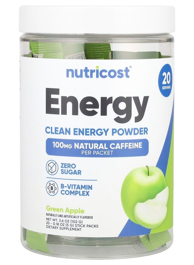 Nutricost Energy Clean Energy Powder Green Apple 20 Stick Packs 0.18 oz (5 g) Each
