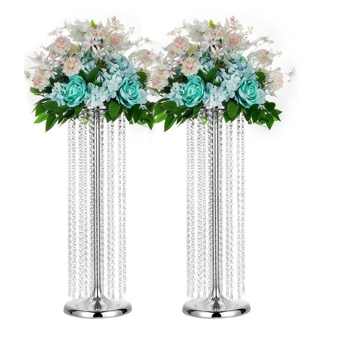 2PCS 275IN TALL SILVER ELEGANT WEDDING DECOR FLOWER CENTERPIECE ROAD LEADS WITH CHANDELIER ACRYLIC CRYSTAL WEDDINGS DECORATION CENTERPIECE STANDS