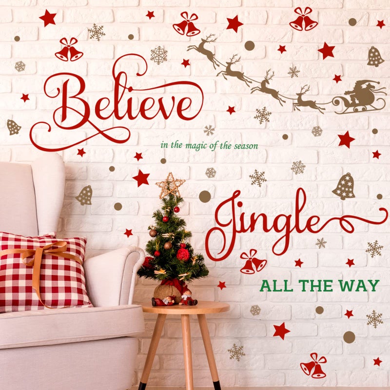 Hotop 4 Sheets Christmas Wall Decals Believe Quote Wall Stickers Christmas Wall Decor Reindeer Snowflakes Window Clings Vinyl Wall Art Decal Removable for Christmas Party Supplies Home Window Decor - Image 2