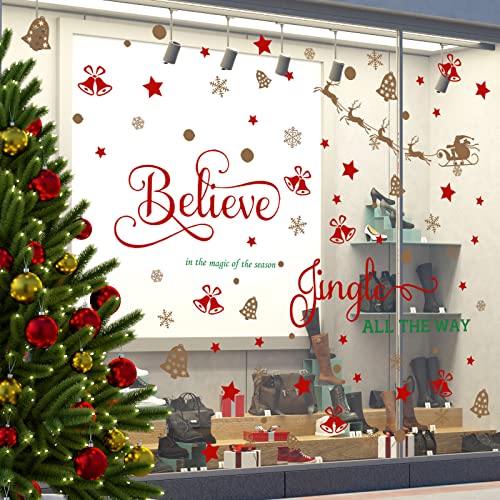 Hotop 4 Sheets Christmas Wall Decals Believe Quote Wall Stickers Christmas Wall Decor Reindeer Snowflakes Window Clings Vinyl Wall Art Decal Removable for Christmas Party Supplies Home Window Decor - Image 3